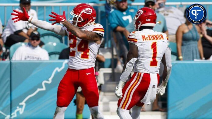 Skyy Moore (24) and running back Jerick McKinnon (1) celebrate a long run against the Jacksonville Jaguars during the fourth quarter at EverBank Stadium.