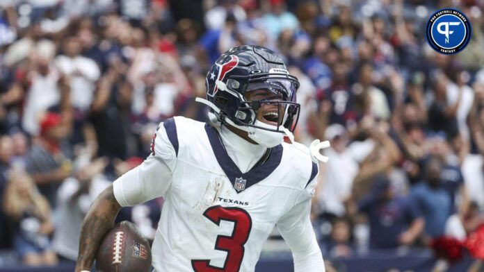 Houston Texans wide receiver Tank Dell celebrates after scoring TD against the Colts.