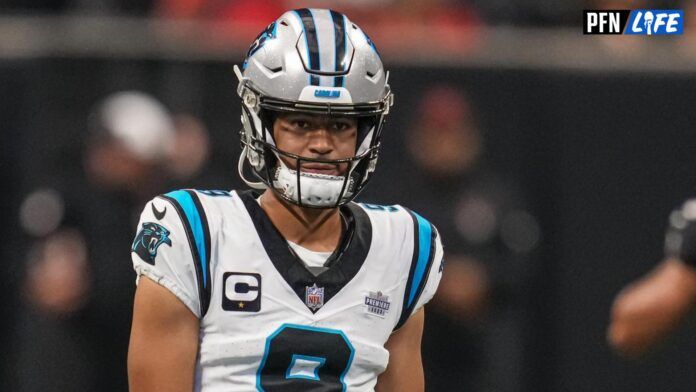 Bryce Young (9) on the field prior to the game against the Atlanta Falcons at Mercedes-Benz Stadium.