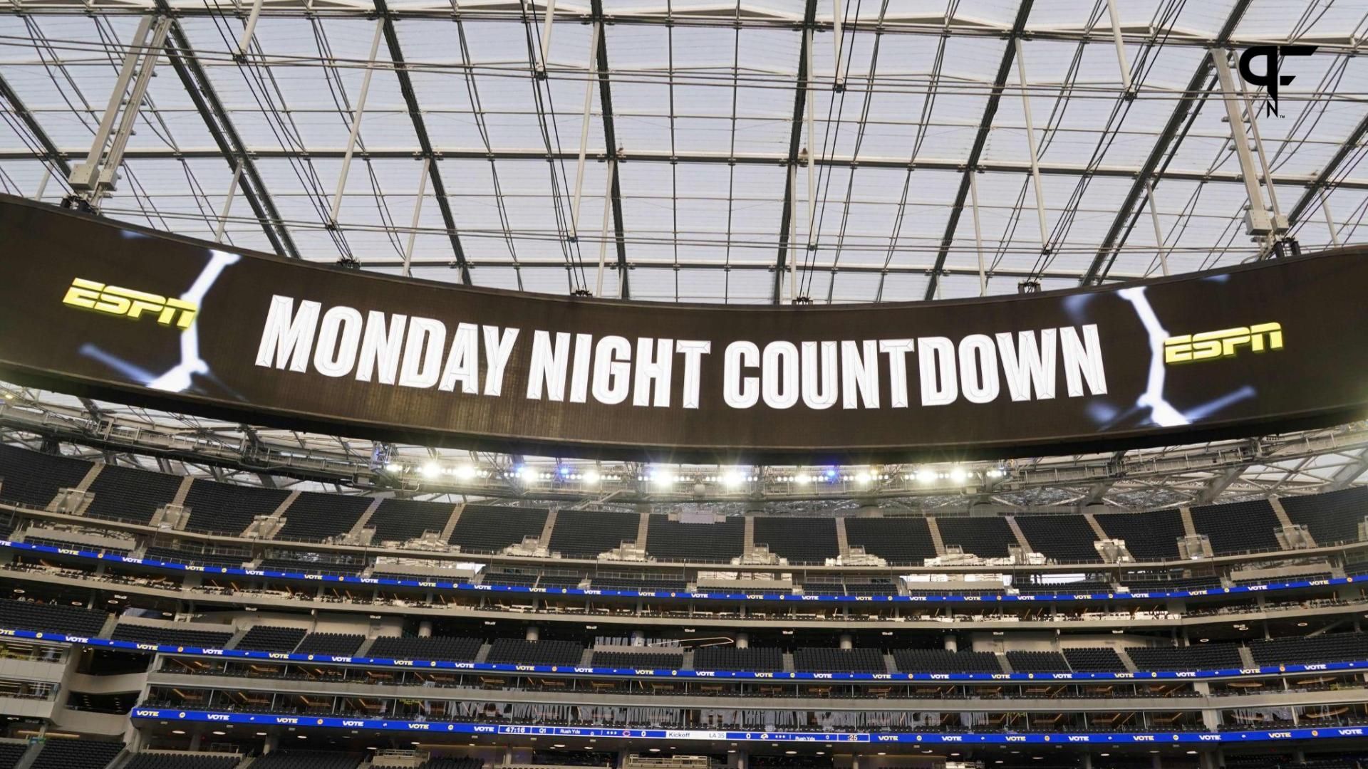 An ESPN Monday Night Football Countdown logo on the oculus scoreboard at SoFi Stadium.