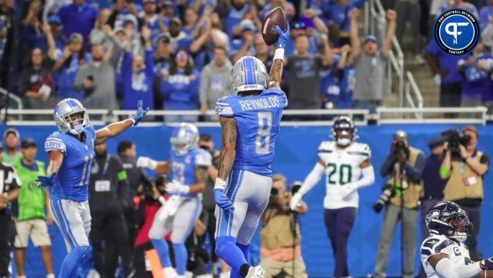 Josh Reynolds (8) celebrates a touchdown against Seattle Seahawks during the second half at Ford Field in Detroit.