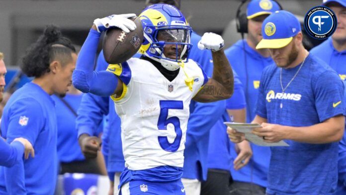 Tutu Atwell (5) reacts after a first down catch in the first half against the San Francisco 49ers at SoFi Stadium.