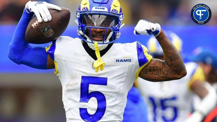 Sep 17, 2023; Inglewood, California, USA; Los Angeles Rams wide receiver Tutu Atwell (5) reacts after catching a pass against the San Francisco 49ers during the first half at SoFi Stadium.