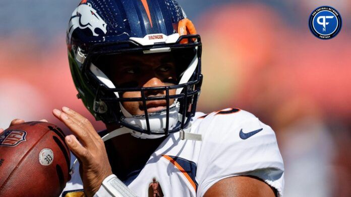 Sep 17, 2023; Denver, Colorado, USA; Denver Broncos quarterback Russell Wilson (3) before the game against the Washington Commanders at Empower Field at Mile High.