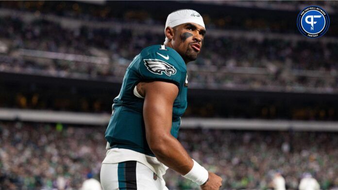 Jalen Hurts (1) reacts before the start of a game against the Minnesota Vikings at Lincoln Financial Field.