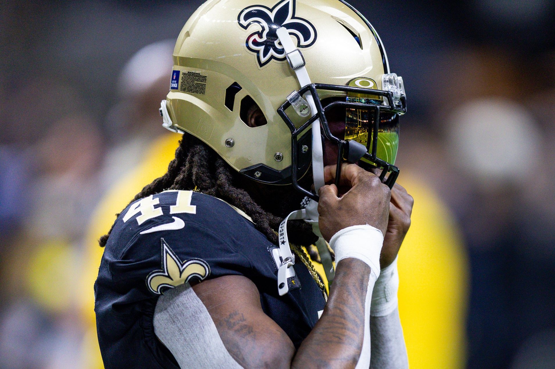 Alvin Kamara (41) during warm ups before the game against the Atlanta Falcons at Caesars Superdome.