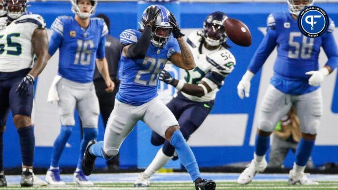 Jahmyr Gibbs reacts to dropping a pass against the Seattle Seahawks during the second quarter at Ford Field.