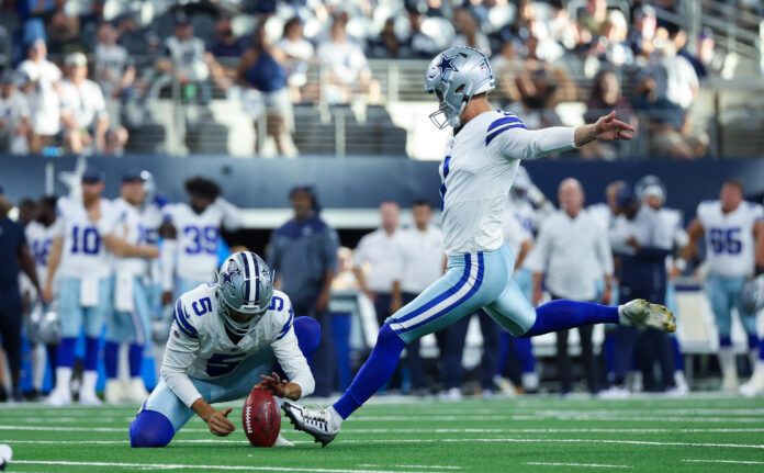 Aug 12, 2023; Arlington, Texas, USA; Dallas Cowboys place kicker Brandon Aubrey (1) kicks an ectra point during the second half against the Jacksonville Jaguars at AT&T Stadium. Mandatory Credit: Kevin Jairaj-USA TODAY Sports