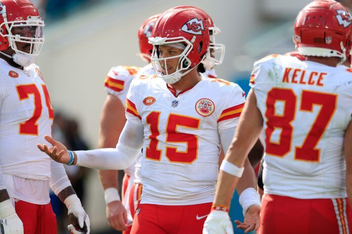 Patrick Mahomes (15) talks during the fourth quarter of a NFL football game Sunday.