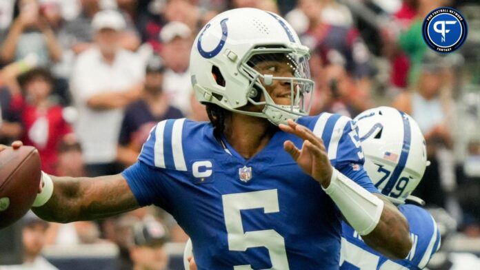 Indianapolis Colts quarterback Anthony Richardson (5) draws back to pass Sunday, Sept. 17, 2023, during a game against the Houston Texans at NRG Stadium in Houston.