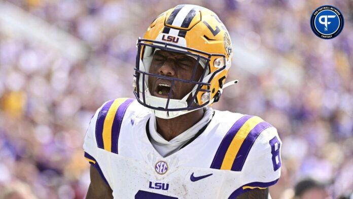 LSU Tigers wide receiver Malik Nabers (8) reacts after a touchdown against the Mississippi State Bulldogs during the fourth quarter at Davis Wade Stadium at Scott Field.