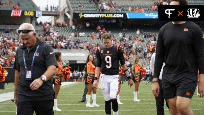 Cincinnati Bengals QB Joe Burrow (9) walks off the field after a loss to the Baltimore Ravens.