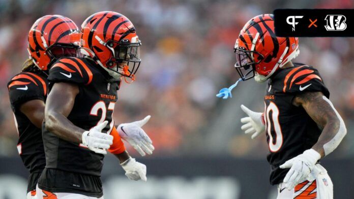 Cincinnati Bengals cornerback DJ Turner II (20), right, is congratulated by Cincinnati Bengals safety Jordan Battle (27) after breaking up a pass in the second quarter during a Week 1 NFL preseason game between the Green Bay Packers and the Cincinnati Bengals.