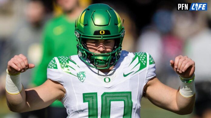 Bo Nix (10) during warmup before the game against The California Golden Bears at FTX Field at California Memorial Stadium.