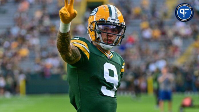 Green Bay Packers WR Christian Watson (9) during a game against the New England Patriots.