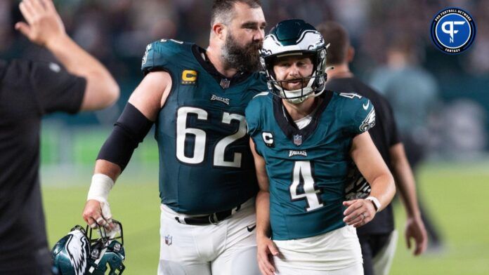 Philadelphia Eagles place kicker Jake Elliott (4) celebrates with center Jason Kelce (62) after a 61 yard field goal against the Minnesota Vikings during the second quarter at Lincoln Financial Field.