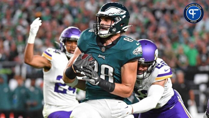 Philadelphia Eagles tight end Dallas Goedert (88) is tackled by Minnesota Vikings safety Harrison Smith (22) during the first quarter at Lincoln Financial Field.