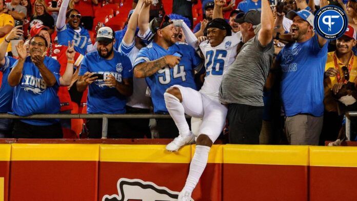 Detroit Lions rookie running back Jahmyr Gibbs celebrates the 21-20 win over the Kansas City Chiefs with Lions fans at Arrowhead Stadium in Kansas City, Mo. on Thursday, Sept. 7, 2023.