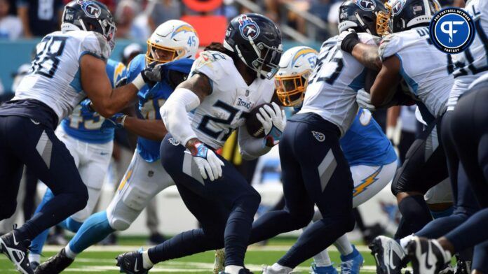 Tennessee Titans RB Derrick Henry (22) rushes the ball against the Los Angeles Chargers.