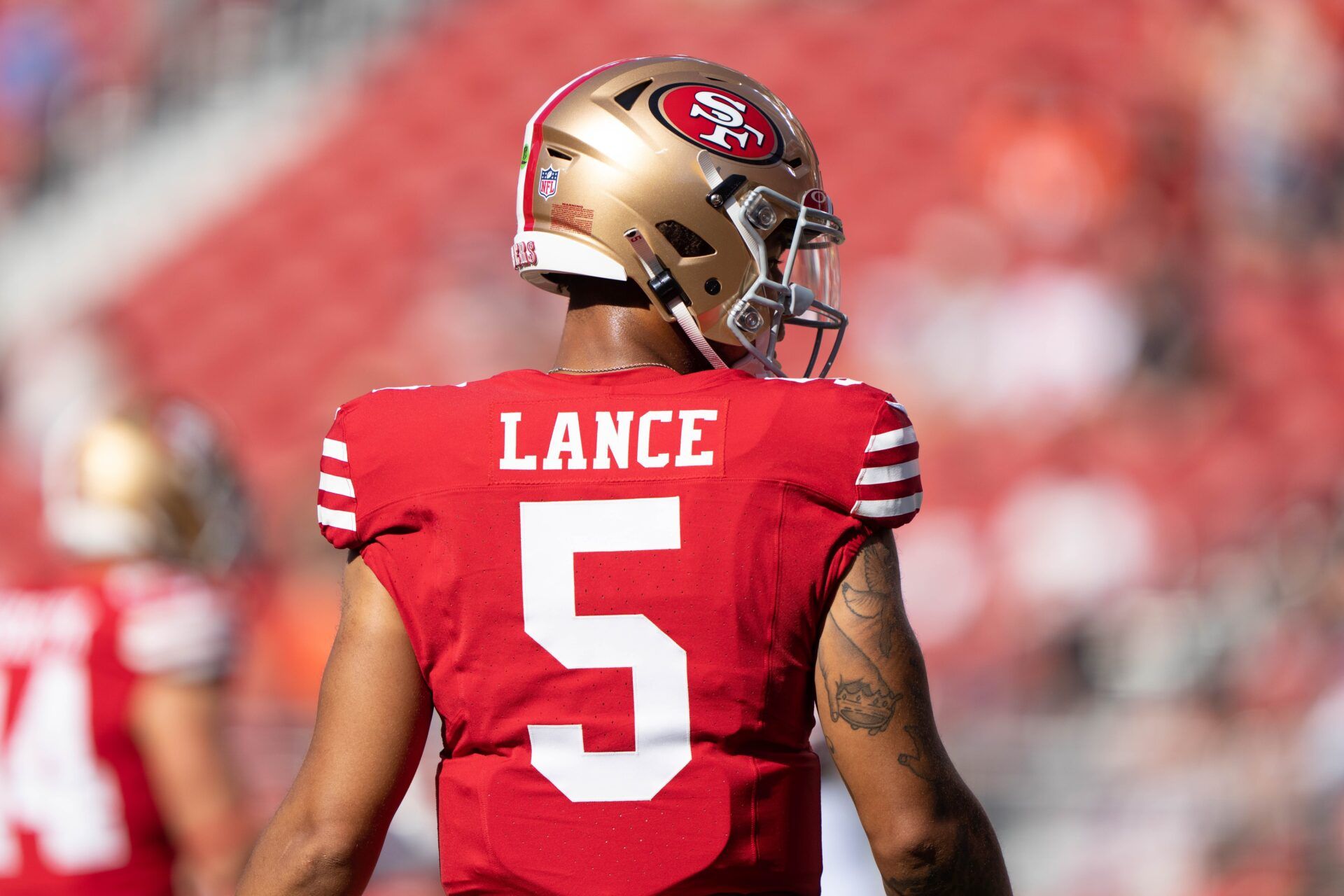 San Francisco 49ers quarterback Trey Lance (5) before the start of the first quarter against the Denver Broncos at Levi's Stadium.