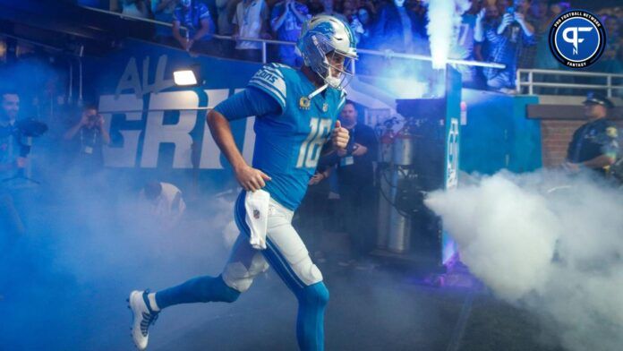 Jared Goff (16) takes the field against Seattle Seahawks at Ford Field in Detroit.