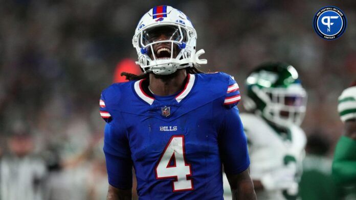 James Cook (4) reacts after a first down against the New York Jets in the first half of the home opener at MetLife Stadium.