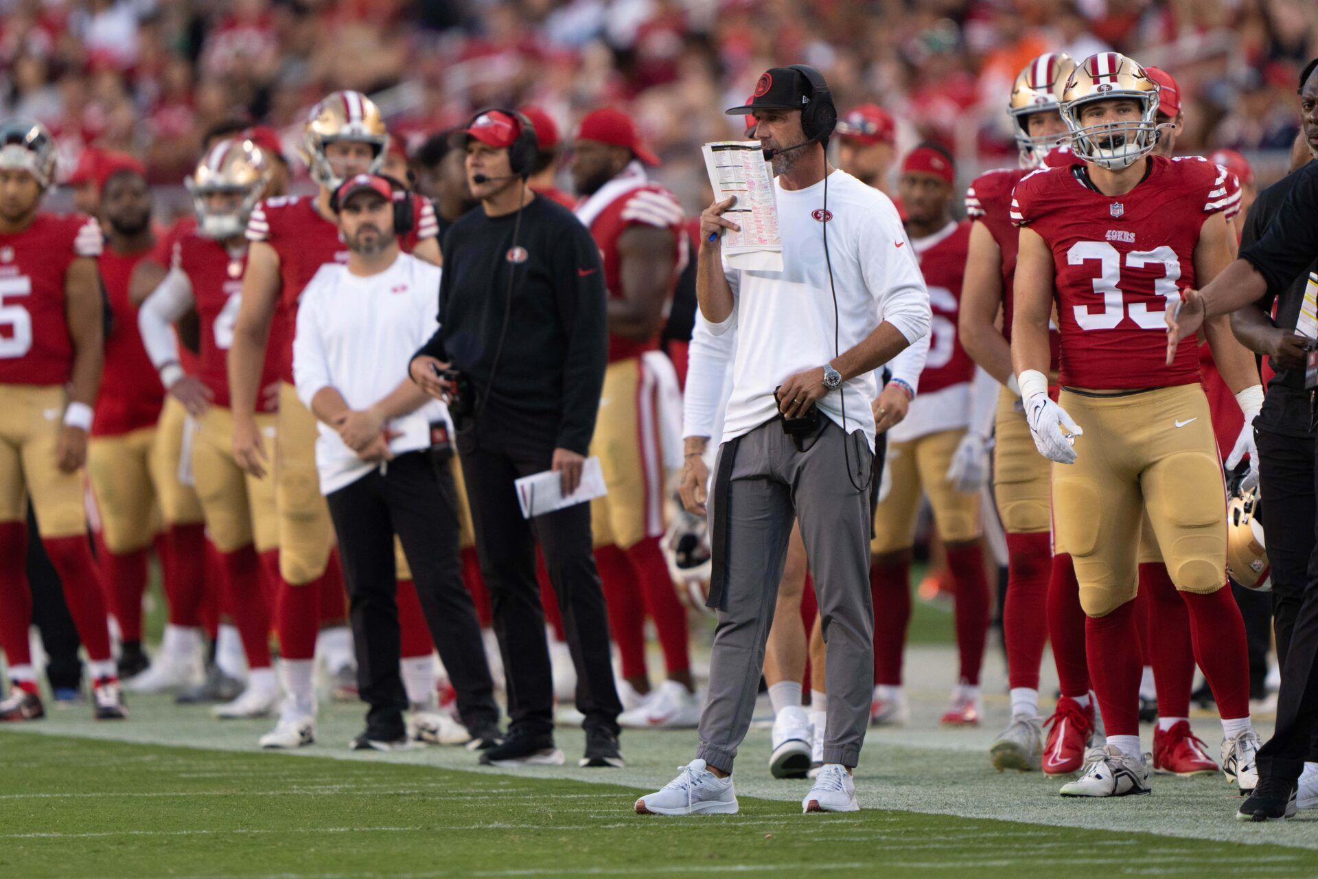 Aug 19, 2023; Santa Clara, California, USA; San Francisco 49ers head coach Kyle Shanahan during the third quarter against the Denver Broncos at Levi's Stadium.