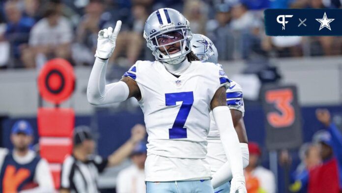 Trevon Diggs (7) reacts during the first quarter against the Detroit Lions at AT&T Stadium.