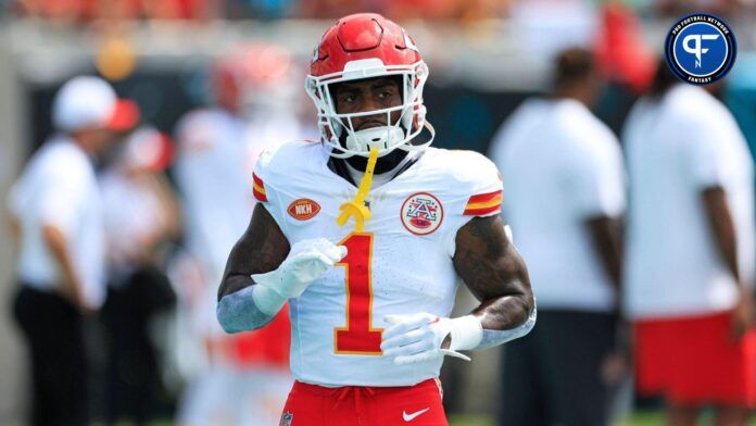 Jerick McKinnon (1) warms up before a NFL football game Sunday, Sept. 17, 2023 at EverBank Stadium in Jacksonville, Fla.