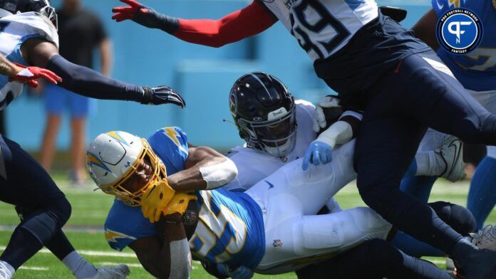 Los Angeles Chargers running back Joshua Kelley after getting tackled against the Tennessee Titans.