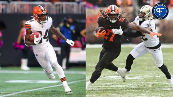 Cleveland Browns running back Jerome Ford (34) returns a kick against the Atlanta Falcons in the first quarter at Mercedes-Benz Stadium.