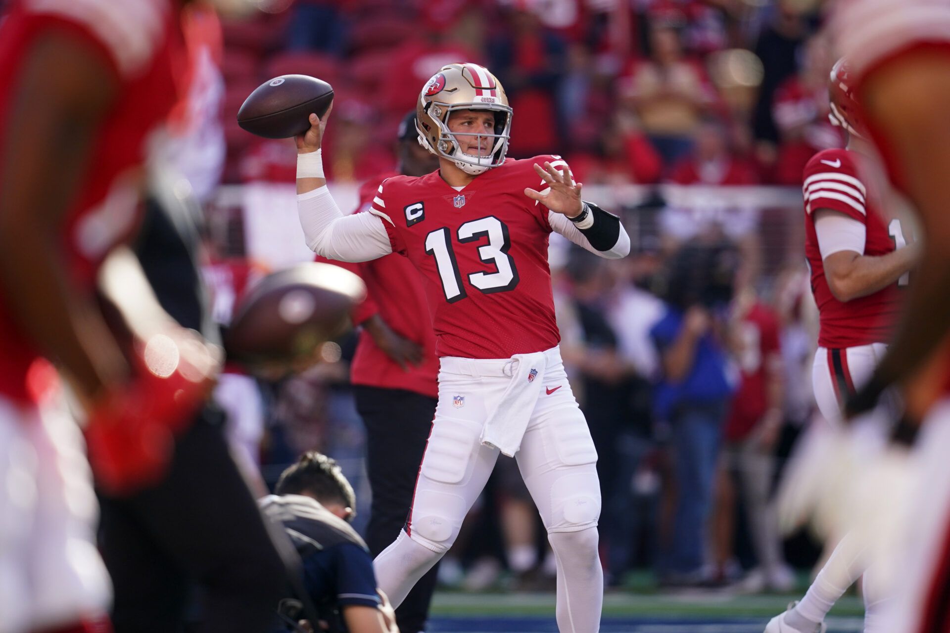 San Francisco 49ers quarterback Brock Purdy (13) throws a pass before the game against the New York Giants at Levi's Stadium.