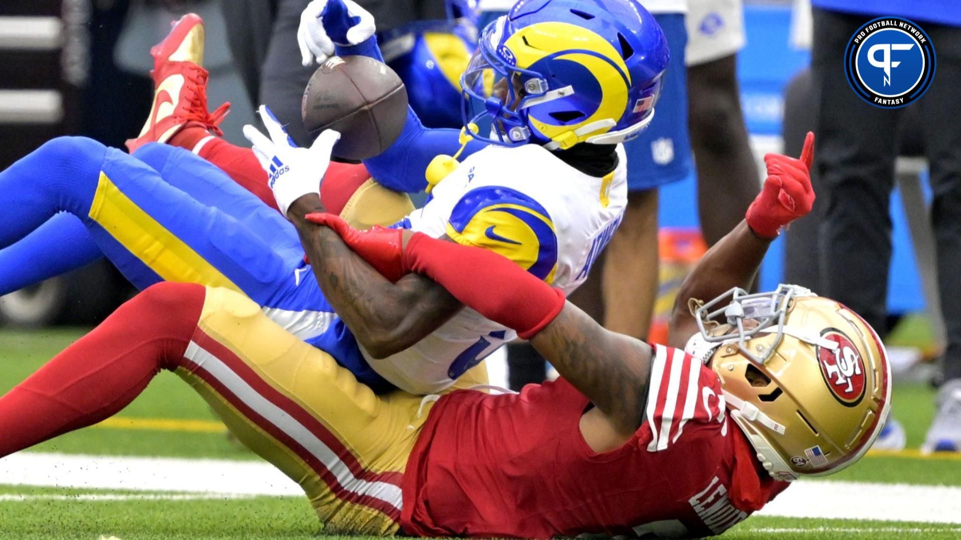 Los Angeles Rams Tutu Atwell being tackled in a Week 2 game against the San Francisco 49ers.
