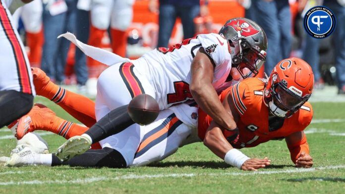 Justin Fields taken to the ground in a Week 2 game against the Tampa Bay Buccaneers.