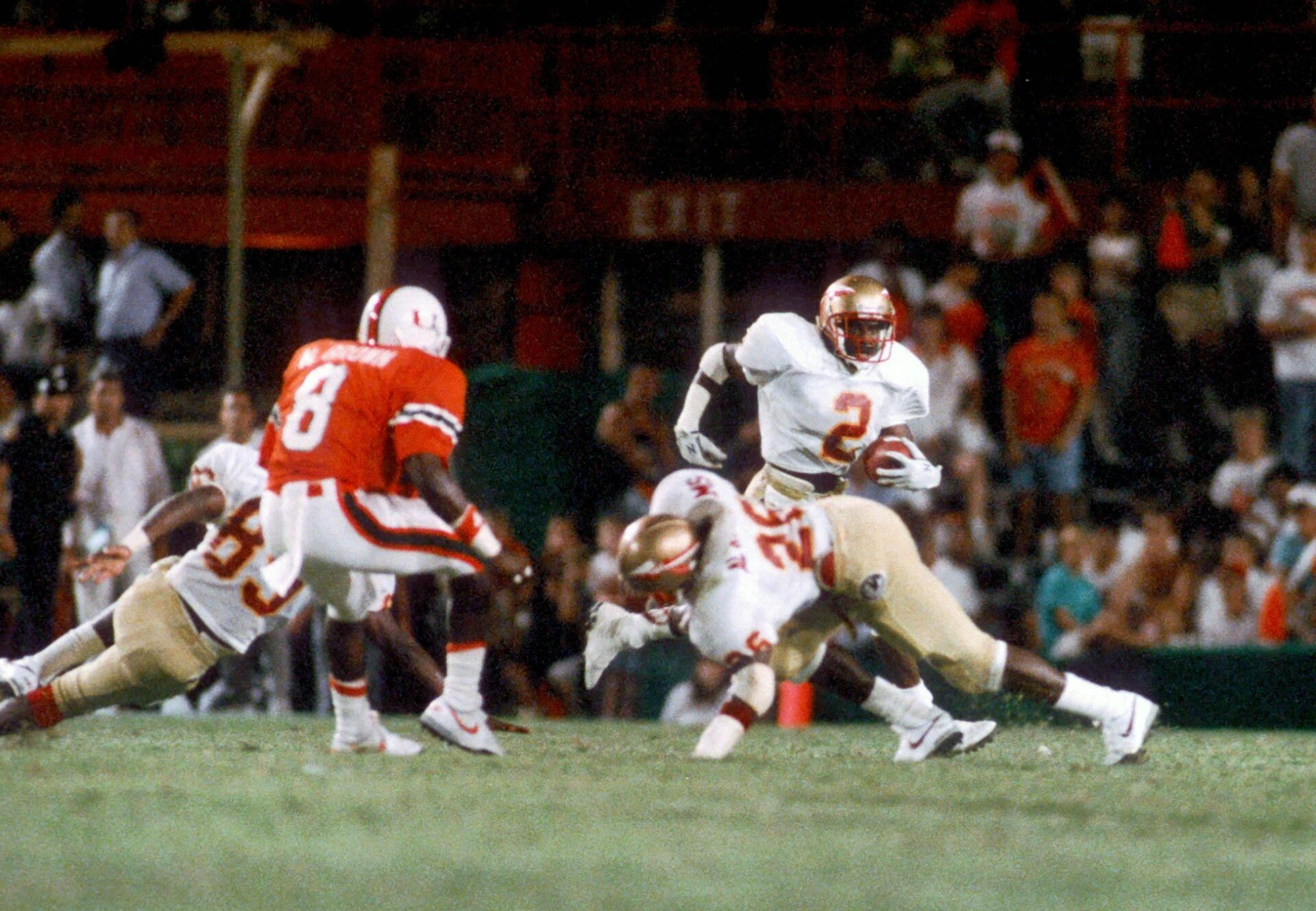 Florida State Seminoles cornerback Deion Sanders (2) in action against the Miami Hurricanes.