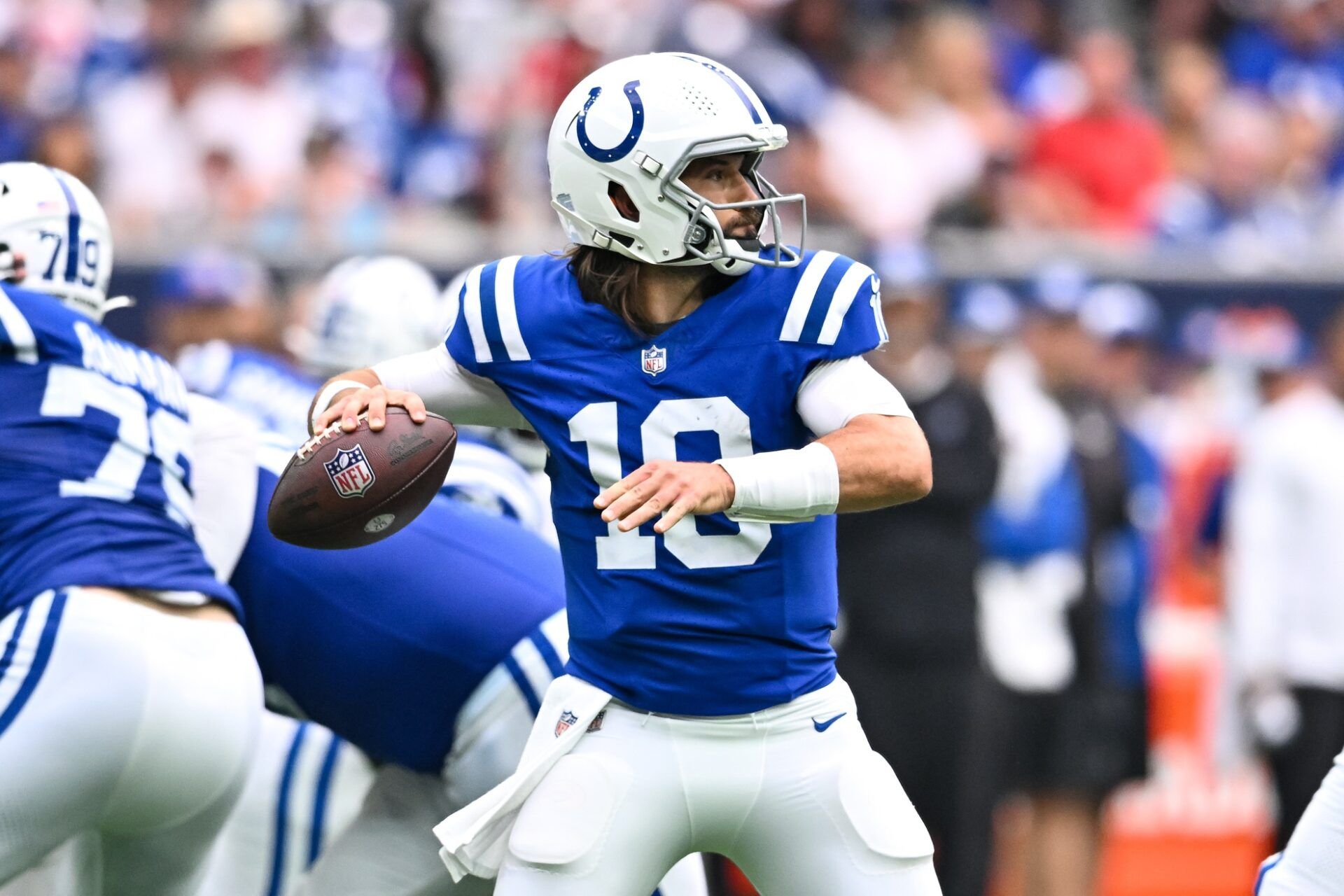 Gardner Minshew II (10) looks to throw the ball during the second half against the Houston Texans at NRG Stadium.