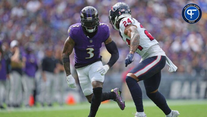 Odell Beckham Jr. (3) goes out for a pass defended by Houston Texans cornerback Derek Stingley Jr. (24) at M&T Bank Stadium.