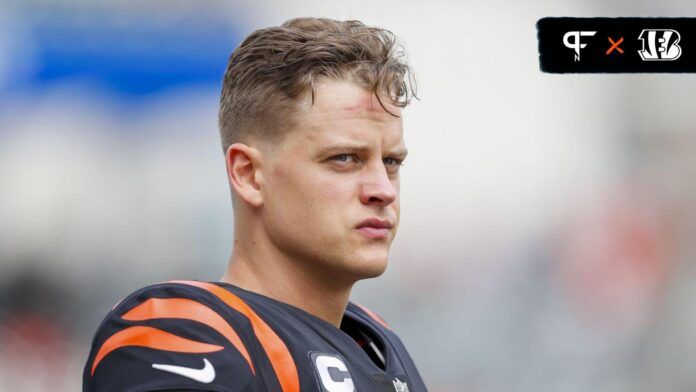 Joe Burrow (9) stands on the field during warmups prior to the game against the Baltimore Ravens at Paycor Stadium.