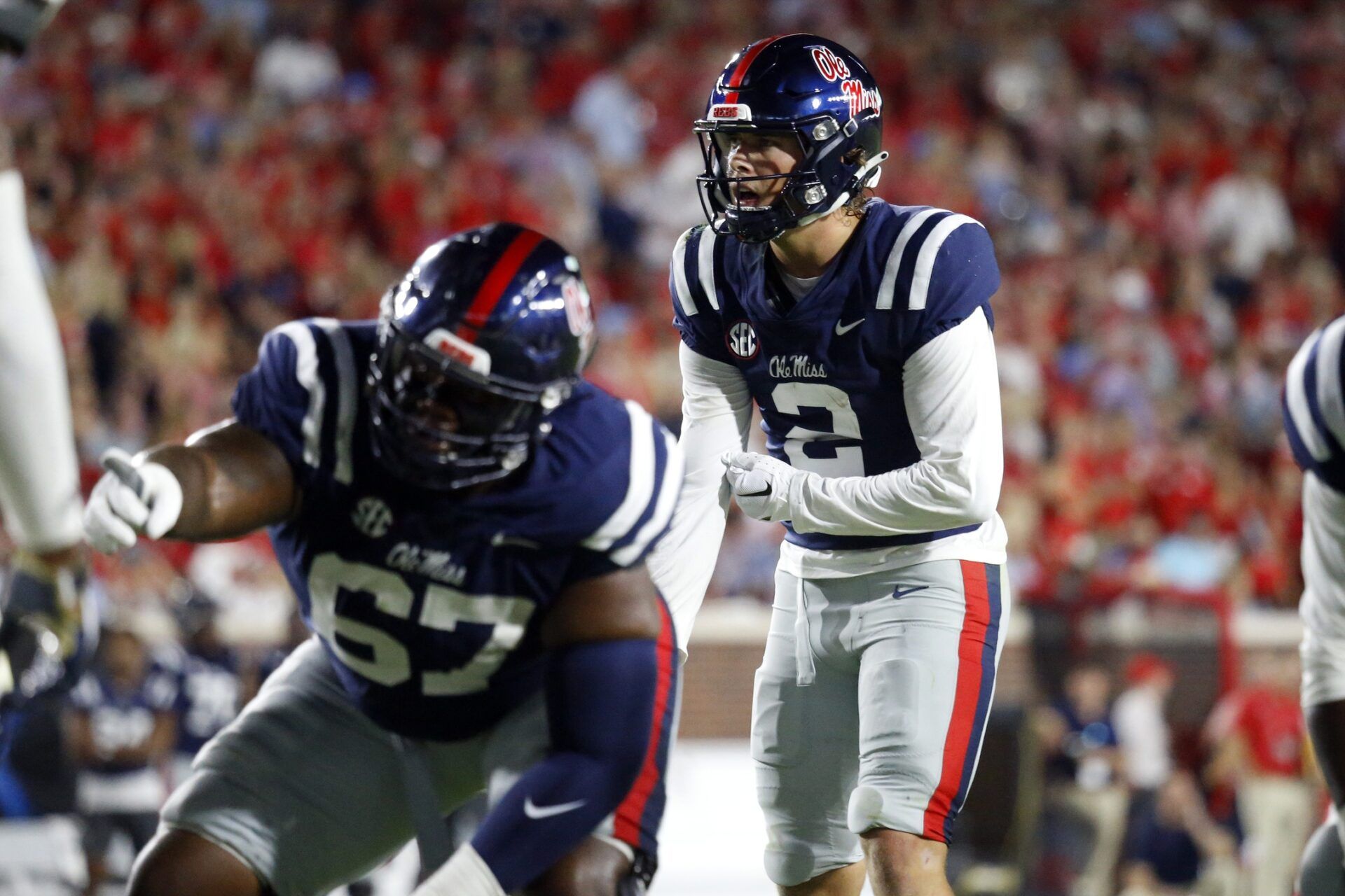 Jaxson Dart (2) lines up for the snap during the first half against the Georgia Tech Yellow Jackets at Vaught-Hemingway Stadium.