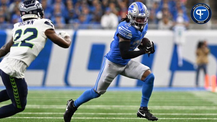 Sep 17, 2023; Detroit, Michigan, USA; Detroit Lions running back Jahmyr Gibbs (26) runs the ball against the Seattle Seahawks in the second quarter at Ford Field.