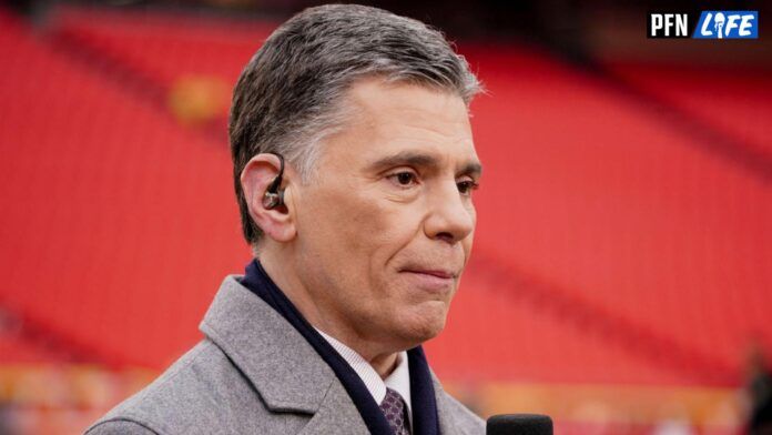 CBS Sports sideline announcer Mike Florio on field prior to an AFC divisional round game between the Kansas City Chiefs and Jacksonville Jaguars at GEHA Field at Arrowhead Stadium.