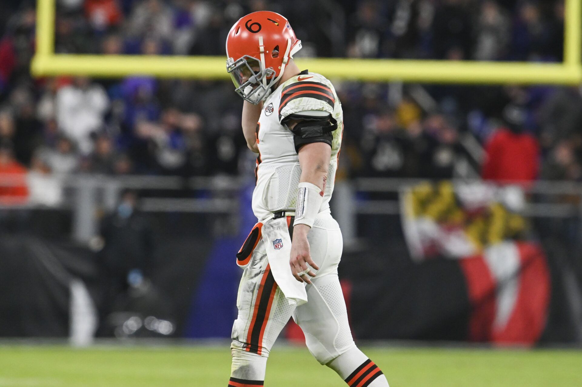 Baker Mayfield (6) walks off the field during the second half against the Baltimore Ravens at M&T Bank Stadium.