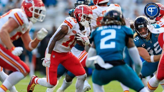 Isiah Pacheco (10) rushes for yards during the fourth quarter of a NFL football game Sunday, Sept. 17, 2023 at EverBank Stadium in Jacksonville, Fla.