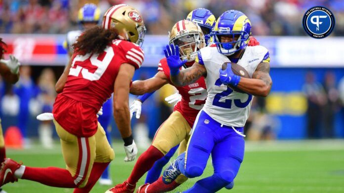 Los Angeles Rams running back Kyren Williams (23) runs the ball against the San Francisco 49ers during the second half at SoFi Stadium.