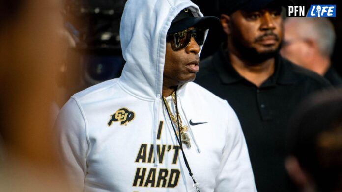 Deion Sanders comes out of the locker room before Colorado's win over Colorado State.