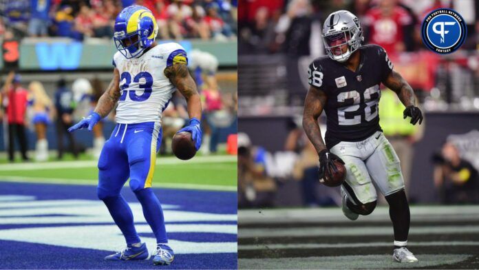 Las Vegas Raiders running back Josh Jacobs (28) scores a touchdown against the San Francisco 49ers during the second half at Allegiant Stadium.