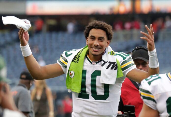 Green Bay Packers quarterback Jordan Love (10) celebrates a victory against the Chicago Bears as he leaves the field during their football game Sunday, September 10, 2023, at Soldier Field in Chicago, Ill. Green Bay won 38-20.