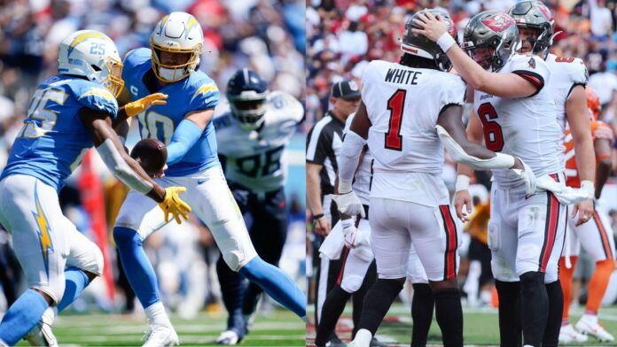 Los Angeles Chargers quarterback Justin Herbert (10) hands off to running back Joshua Kelley (25) in the second quarter against the Tennessee Titans at Nissan Stadium in Nashville, Tenn., Sunday, Sept. 17, 2023.