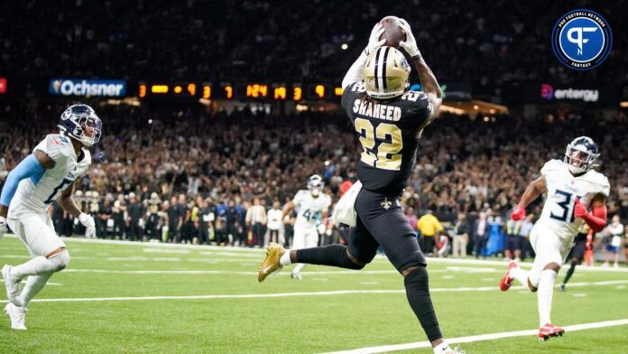 Rashid Shaheed (22) scores a touchdown in the third quarter against the Tennessee Titans at the Caesars Superdome.