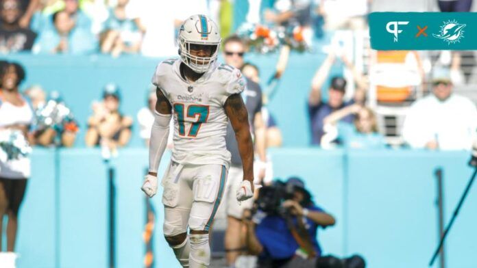 Jaylen Waddle (17) reacts after making a catch during the second quarter against the Houston Texans at Hard Rock Stadium.